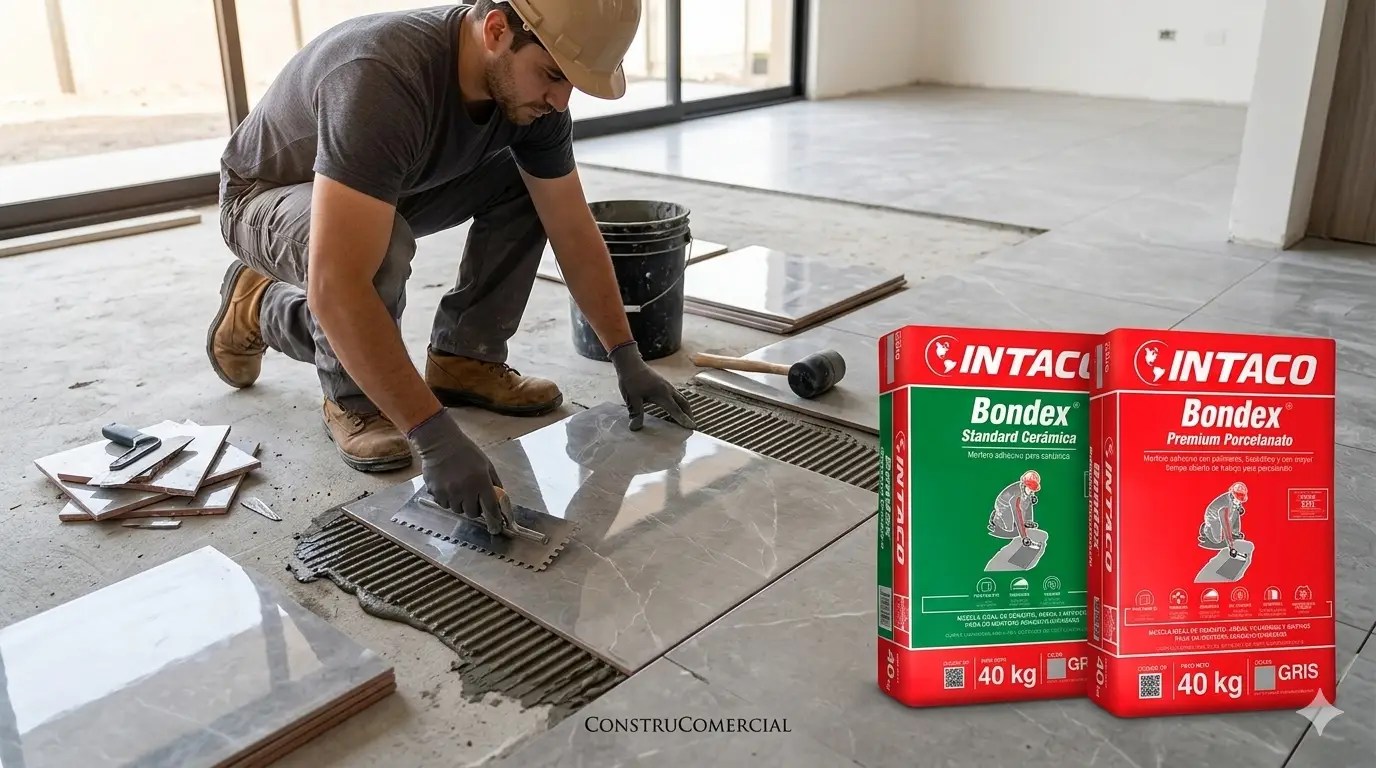 Sacos de Bondex Standard y Bondex Premium Porcelanato de INTACO comparados sobre una obra de instalación de pisos en Quito, Ecuador, para Construcomercial